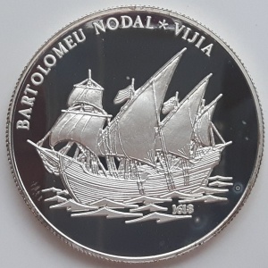 Реверс монеты Либерия, 10 долларов, 1999, Бартоломеу Нодал и корабль Виджия
