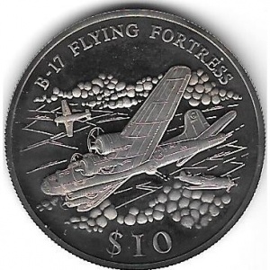 Реверс монеты Либерия, 10 долларов, 2000, Boeing B-17 "Летающая крепость"