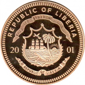 Аверс монеты Либерия, 10 долларов, 2001, Бельгия