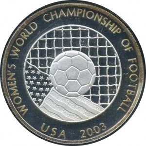 Реверс монеты Либерия, 10 долларов, 2003, Чемпионат мира по футболу среди женщин, США, 2003 г.