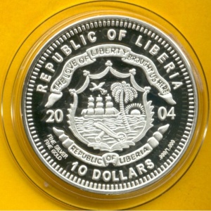 Аверс монеты Либерия, 10 долларов, 2004, Гиацинтовый ара - Бразилия
