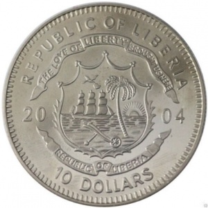 Аверс монеты Либерия, 10 долларов, 2004, Человек на Луне - 1969