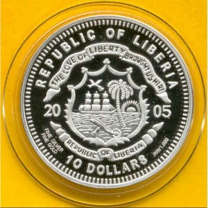 Аверс монеты Либерия, 10 долларов, 2005, Плоскоклювая андигена - Эквадор