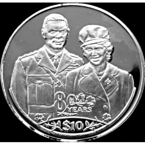 Реверс монеты Либерия, 10 долларов, 2006, 80-я годовщина со дня рождения королевы Елизаветы II /вместе с королем Геор…