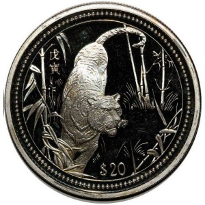 Реверс монеты Либерия, 20 долларов, 1998, Год тигра /в бамбуке/