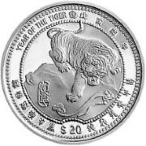 Реверс монеты Либерия, 20 долларов, 1998, Год тигра /крадущийся тигр/
