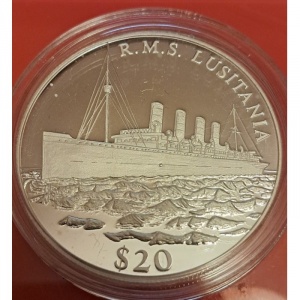 Реверс монеты Либерия, 20 долларов, 2000, Корабли - R.M.S. Lusitania