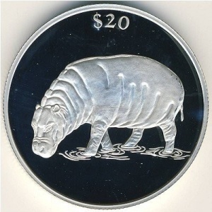 Реверс монеты Либерия, 20 долларов, 2000, Гиппопотам
