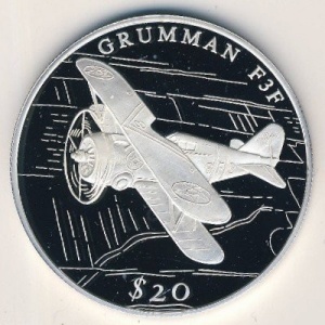 Реверс монеты Либерия, 20 долларов, 2000, История авиации - Grumman F3F