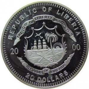 Аверс монеты Либерия, 20 долларов, 2000, Джон Адамс (1797-1801)