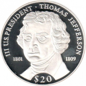 Реверс монеты Либерия, 20 долларов, 2000, Томас Джефферсон (1801-1809)