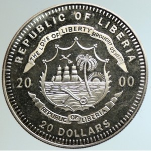 Аверс монеты Либерия, 20 долларов, 2000, Франклин Пирс (1853-1857)