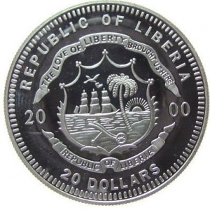 Аверс монеты Либерия, 20 долларов, 2000, Гровер Кливленд (1885-1889;1893-1897)