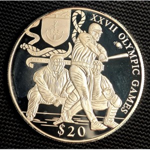 Реверс монеты Либерия, 20 долларов, 2000, XXVII летние Олимпийские Игры, Сидней 2000 - Бейсбол