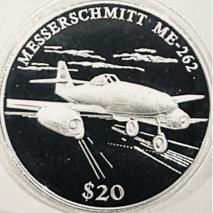 Реверс монеты Либерия, 20 долларов, 2000, История авиации - Messerschmitt Me 262