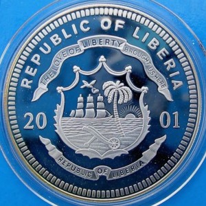 Аверс монеты Либерия, 20 долларов, 2001, Атлантический переход Чарльза Линдберга