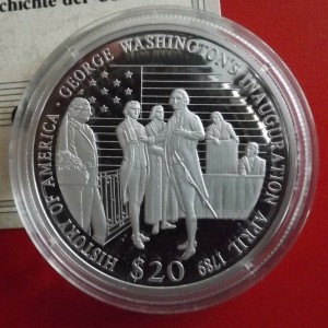 Реверс монеты Либерия, 20 долларов, 2001, Инаугурация Джорджа Вашингтона