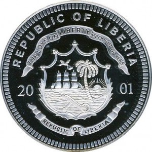 Аверс монеты Либерия, 20 долларов, 2001, Космос - Джемини-8