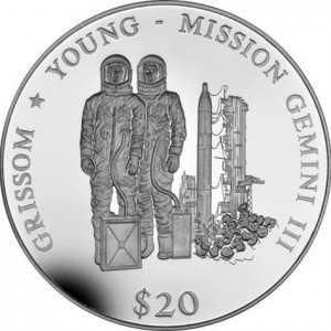 Реверс монеты Либерия, 20 долларов, 2001, Космос - Джемини-3