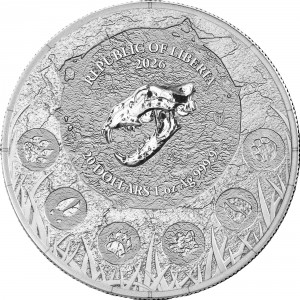 Аверс монеты Либерия, 20 долларов, 2026, Мегафауна - Пещерный лев