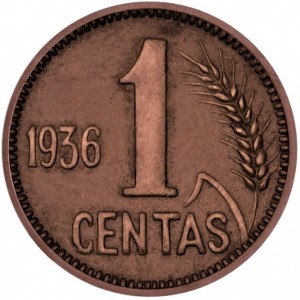 Реверс монеты Литва, 1 цент, 1936