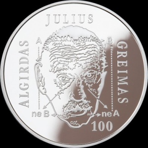 Реверс монеты Литва, 20 евро, 2017, 100 лет со дня рождения Альгирдаса Жюльена Греймаса