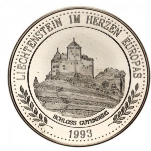 Реверс монеты Лихтенштейн, 5 ЭКЮ, 1993-1994, Замок Гутенберг