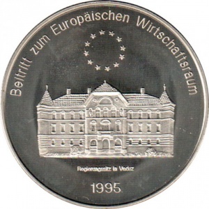 Реверс монеты Лихтенштейн, 5 ЭКЮ, 1995, Присоединение к Европейскому экономическому пространству