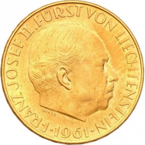 Аверс монеты Лихтенштейн, 25 франков, 1961, 100 лет Национальному банку