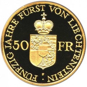 Реверс монеты Лихтенштейн, 50 франков, 1988, 50 лет правлению Франца Иосифа II