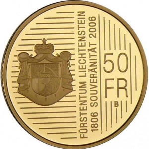 Реверс монеты Лихтенштейн, 50 франков, 2006, 200 лет суверенитету Лихтенштейна