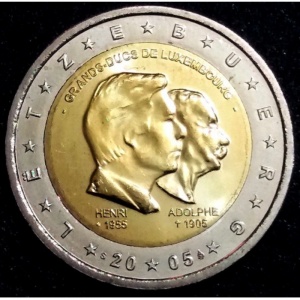 Аверс монеты Люксембург, 2 евро, 2005, 50 лет правящему монарху Анри Нассау и 100 лет со дня смерти герцога Адольфа