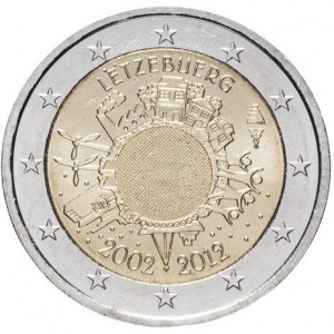 Аверс монеты Люксембург, 2 евро, 2012, 10 лет евро наличными