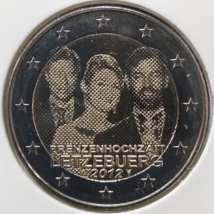 Аверс монеты Люксембург, 2 евро, 2012, Свадьба Великого герцога Гийома и бельгийской графини Стефании де Ланнуа