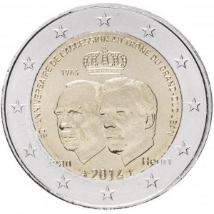 Аверс монеты Люксембург, 2 евро, 2014, 50 лет вступлению на престол Герцога Жана