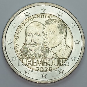 Аверс монеты Люксембург, 2 евро, 2020, 200 лет со дня рождения Принца Генриха Оранско-Нассауского