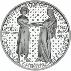 Реверс монеты Люксембург, 700 евроцентов, 2010, 700 лет со дня свадьбы Иоганна Люксембургского и Елизаветы Богемской