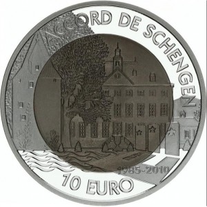 Реверс монеты Люксембург, 10 евро, 2010, 25 лет Шенгенскому соглашению