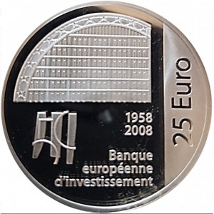 Реверс монеты Люксембург, 25 евро, 2008, 50 лет Европейскому инвестиционному банку