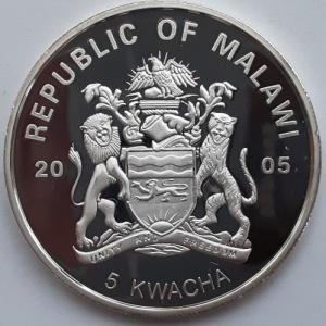 Аверс монеты Малави, 5 квач, 2005, 24-е Папские визиты - Испания, Доминикана, Пуэрто-Рико