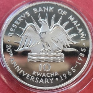 Реверс монеты Малави, 10 квач, 1985, 20 лет резервному банку