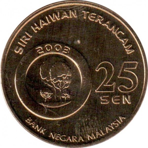 Аверс монеты Малайзия, 25 сенов, 2003, Вымирающие виды - Носач
