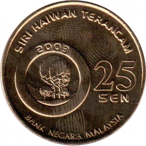 Аверс монеты Малайзия, 25 сенов, 2003, Вымирающие виды - Гаур