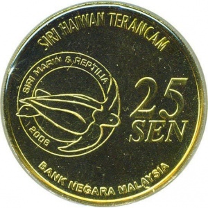 Аверс монеты Малайзия, 25 сенов, 2006, Вымирающие виды - Китовая акула