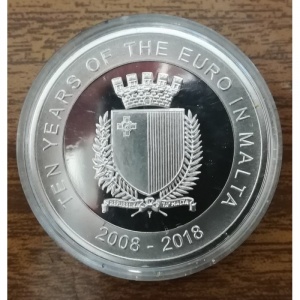 Аверс монеты Мальта, 5 евро, 2018, 10 лет введению евро на Мальте