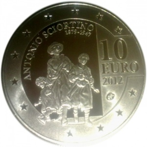 Реверс монеты Мальта, 10 евро, 2012, 65 лет со дня смерти Антонио Шортино