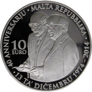 Реверс монеты Мальта, 10 евро, 2014, 40 лет Республике Мальта