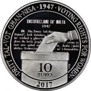 Реверс монеты Мальта, 10 евро, 2017, 70 лет женскому избирательному праву