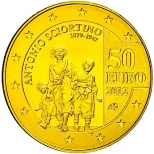 Реверс монеты Мальта, 50 евро, 2012, 65 лет со дня смерти Антонио Шортино