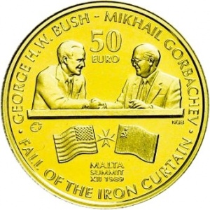 Реверс монеты Мальта, 50 евро, 2015, Мальтийский саммит 1989 - Джордж Буш и Горбачев